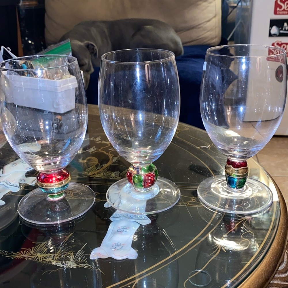 Vintage set of 3 Crystal Christmas color wine/water/tea glasses